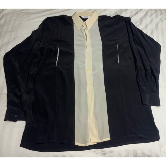 VINTAGE MENS GENELLI Black And Cream Two Tone SILK SHIRT NEHRU COLLAR XL Tall - Picture 2 of 8